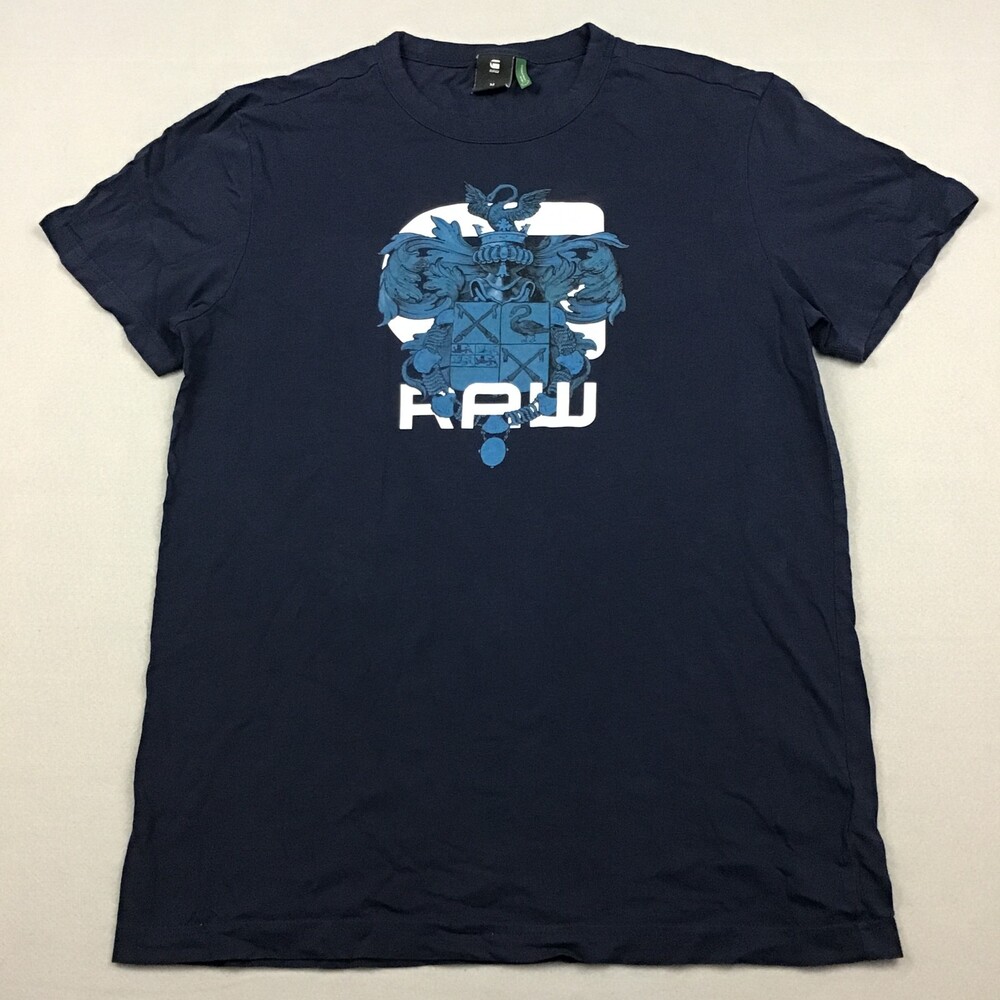 G-Star RAW Shirt Men Medium Blue Graphic Logo Crest Organtic Cotton Crewneck M